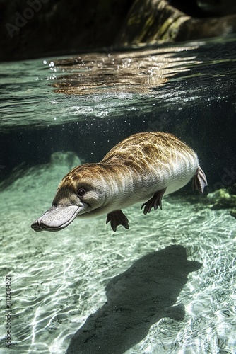 Duck-billed platypus swimming underwater, sunlight patterns