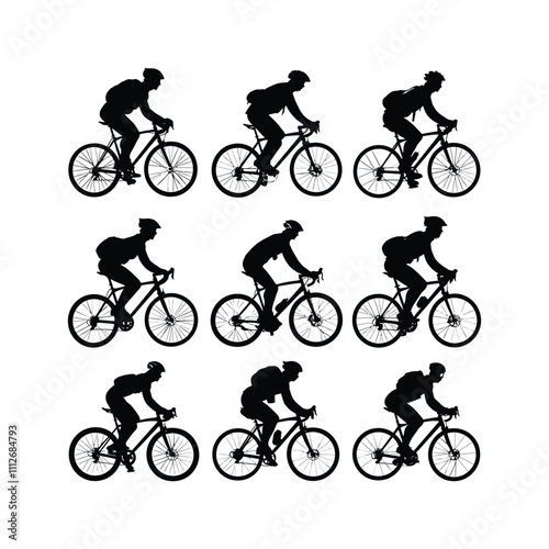 Cyclist Riding Bicycle Silhouett set Clipart on a white Background