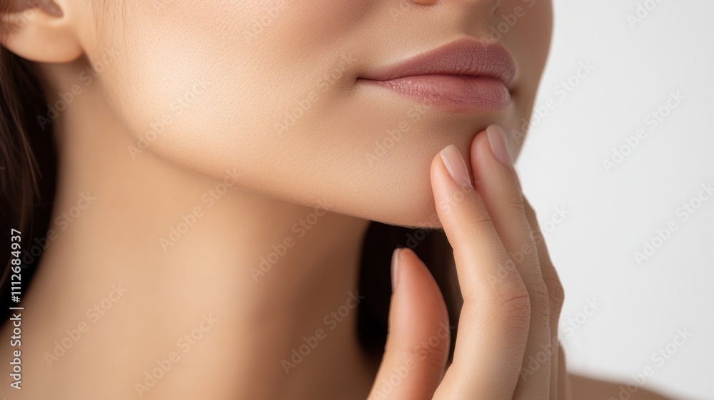 Asian woman gently touching her smooth, glowing cheek, showing radiant healthy skin, white background. Asian woman gently touching her smooth, glowing cheek, showing radiant healthy skin, white background.