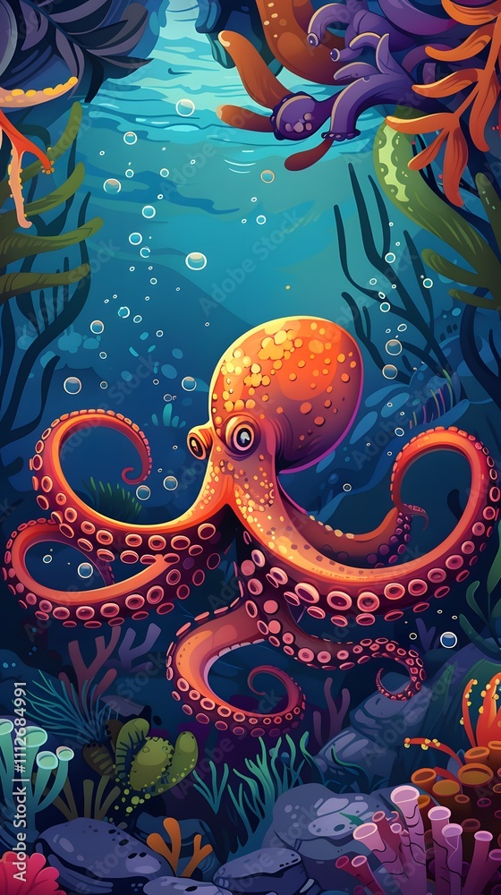 Obraz premium Octopus and beautiful underwater scenery, Underwater Scene with Incredible Commotion of an Octopus