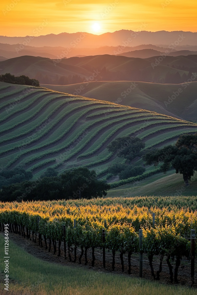 Fototapeta premium Sunset over rolling vineyard hills, vibrant colors