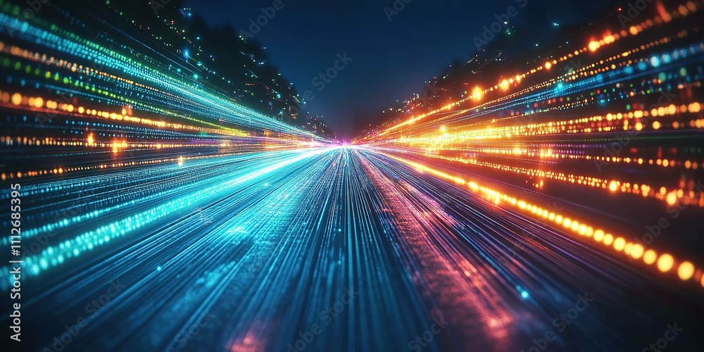 Urban night view showcasing vibrant light trails of vehicles moving through a cityscape