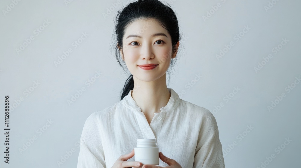 Asian woman with flawless skin, smiling softly, holding a jar of skincare product, plain white background. Asian woman with flawless skin, smiling softly, holding a jar of skincare product, plain white background.