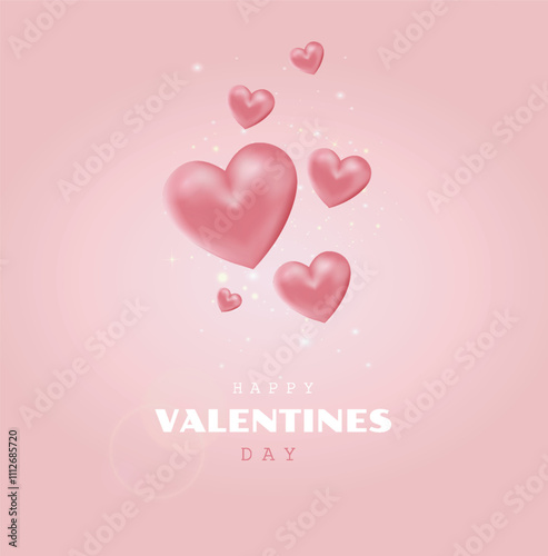 Valentines day poster. Love, passion and romance. Balloon hearts at pink background. Template for greeting postcard. Holiday and festival 14 February. Realistic vector illustration