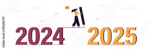 Business woman draws line from 2024 to 2025. Positive attitude and motivation for success and business growth in 2025 year, overcoming obstacles, solving unfinished tasks
