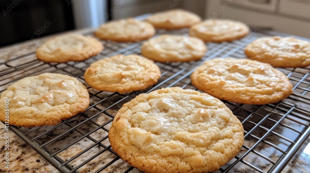Freshly baked cookies cooling on a rack. Freshly baked cookies cooling on a rack.