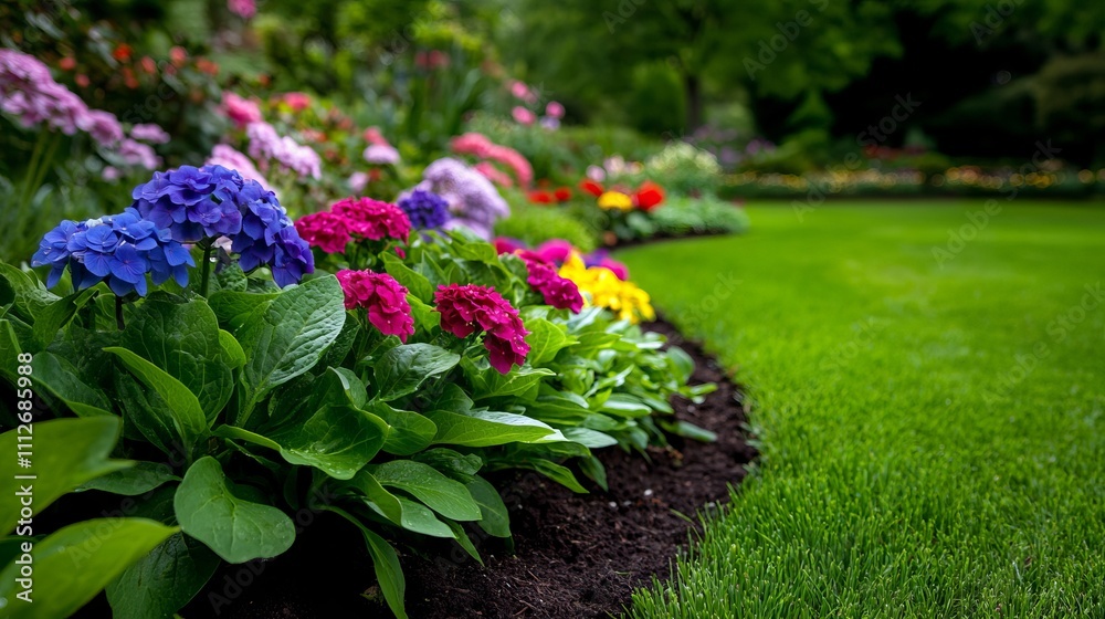 A flower bed in the middle of a lush green lawn A flower bed in the middle of a lush green lawn