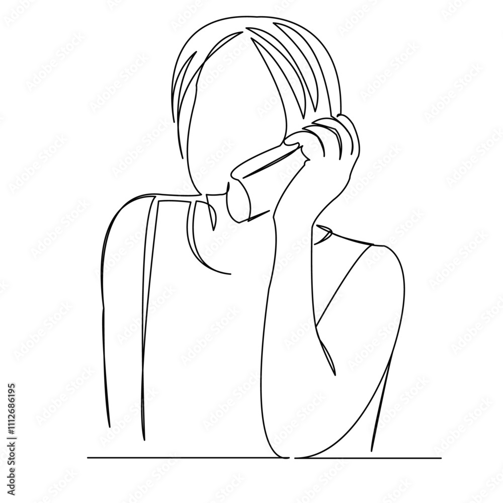 One continuous single drawing line art flat doodle people, female, phone, woman, girl, talking, happy. Isolated image hand draw contour on a white background
