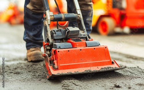 A worker uses a vibratory plate compactor on wet concrete, ensuring a smooth surface for construction.