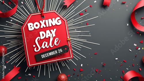 A red sale tag with a white border announces a Boxing Day sale on a dark grey background photo