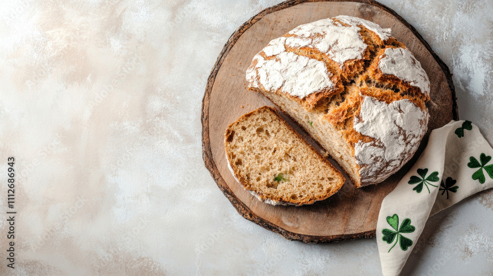 Rustic homemade soda bread with slice on wooden board and shamrock napkin Rustic homemade soda bread with slice on wooden board and shamrock napkin