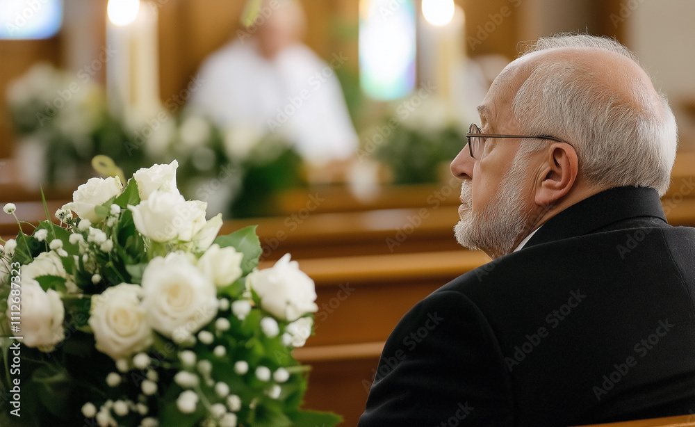 Elderly man sitting in a church pew decorated with white roses, with soft lighting and stained glass in the background. Elderly man sitting in a church pew decorated with white roses, with soft lighting and stained glass in the background.