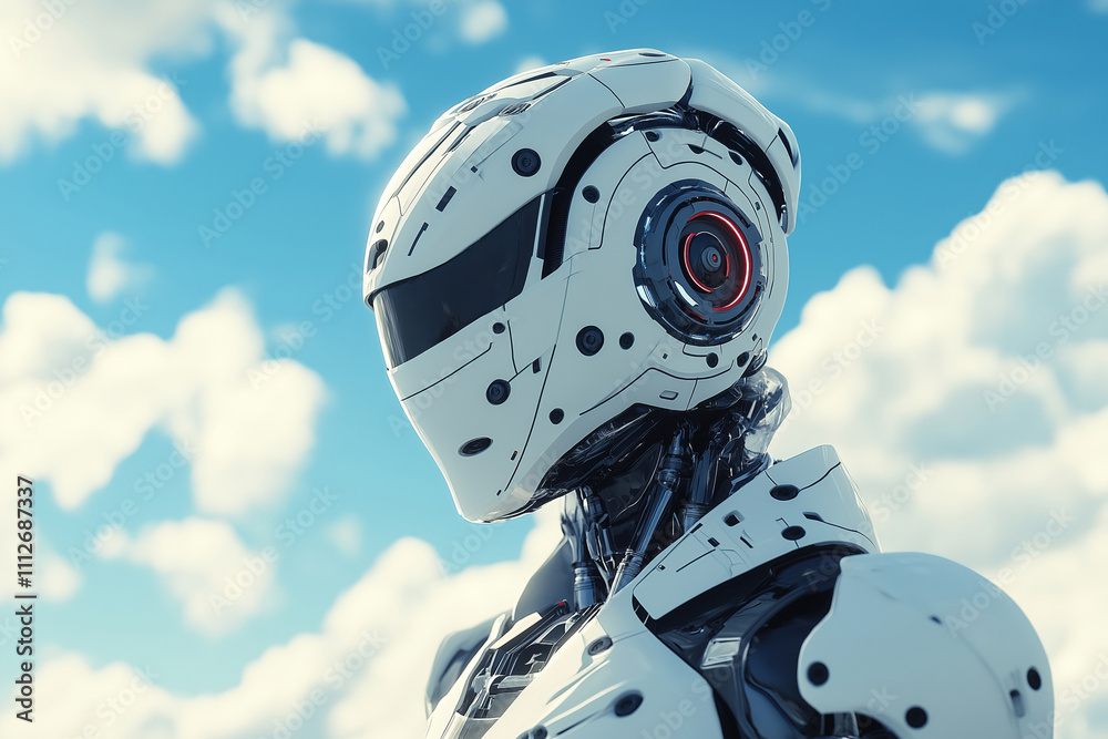 A humanoid robot stands confidently under a bright, dynamic sky. A humanoid robot stands confidently under a bright, dynamic sky.