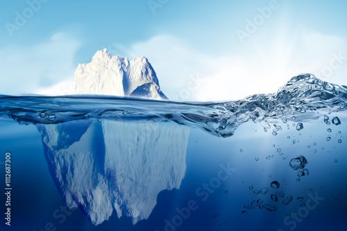 Underwater view of iceberg with beautiful transparent sea on background . Iceberg in clear blue water and hidden danger under water. Iceberg Hidden Danger And Global Warming Concept. Floating ice  photo