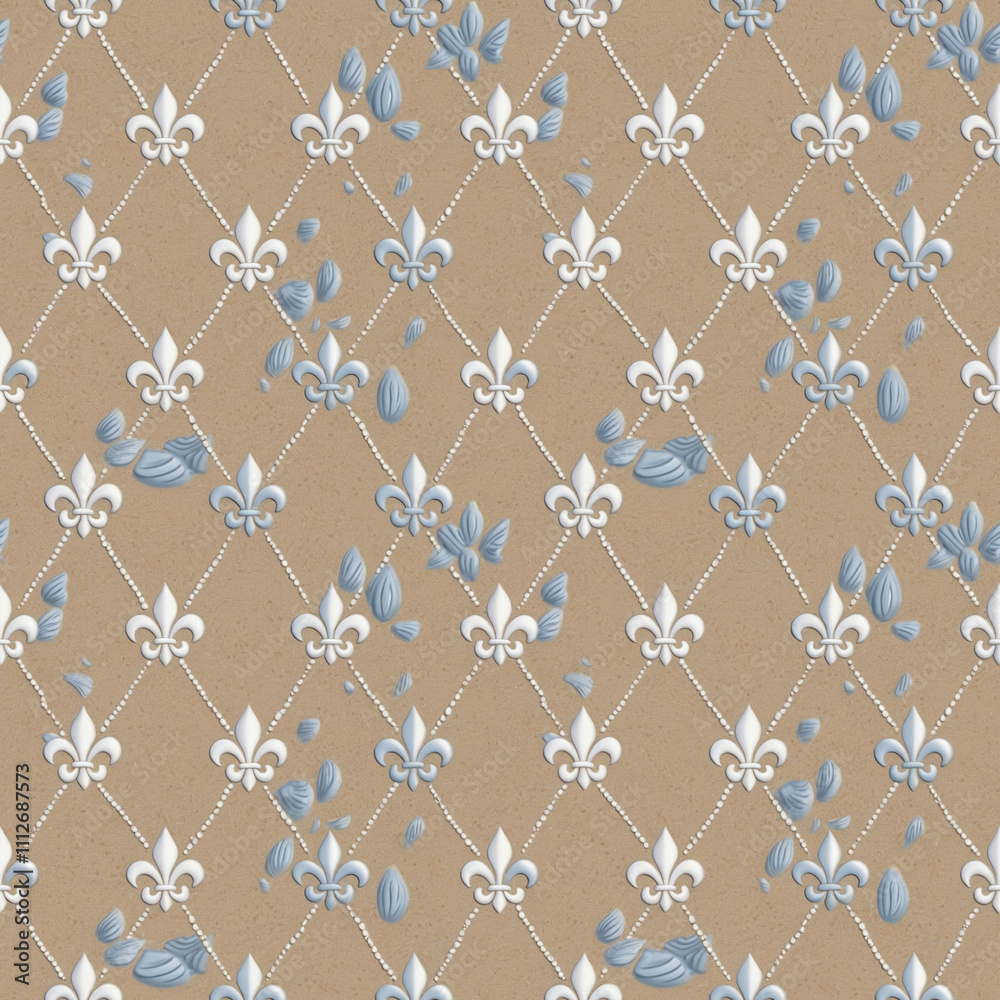 Fototapeta premium Wallpaper Pattern Fleur-de-lis motifs Fleur-de-lis with blue accents on beige diamond pattern background