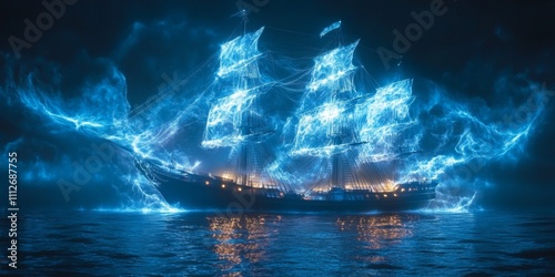 Luminous Vessel with Radiant Sails, a majestic ship adorned with vibrant, shimmering sails that undulate like flowing waves of light