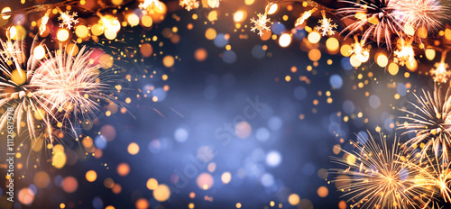 Bright gold golden Fireworks sparkle and purple bokeh with Christmas stars lights in New Year eve and copy space. Abstract background holiday.