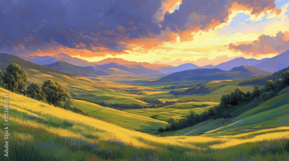 Golden Sunset Over Rolling Hills and Lush Green Fields Golden Sunset Over Rolling Hills and Lush Green Fields