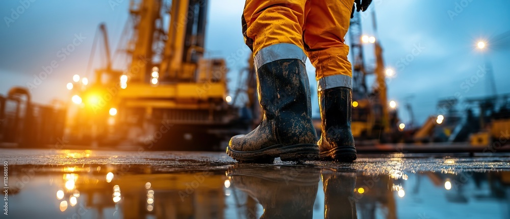 A worker in orange safety gear stands on a wet surface, with industrial machinery illuminated in the background during twilight. A worker in orange safety gear stands on a wet surface, with industrial machinery illuminated in the background during twilight.