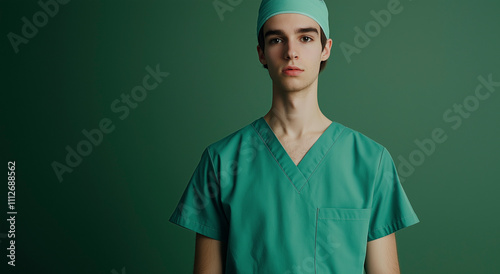 Retrato de um jovem membro da equipe médica em uniforme verde sobre fundo verde. photo