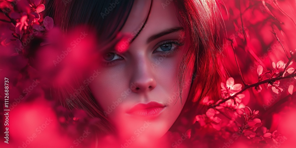 A captivating portrait of a young woman enveloped in vibrant red blossoms, exuding mystery and beauty. A captivating portrait of a young woman enveloped in vibrant red blossoms, exuding mystery and beauty.