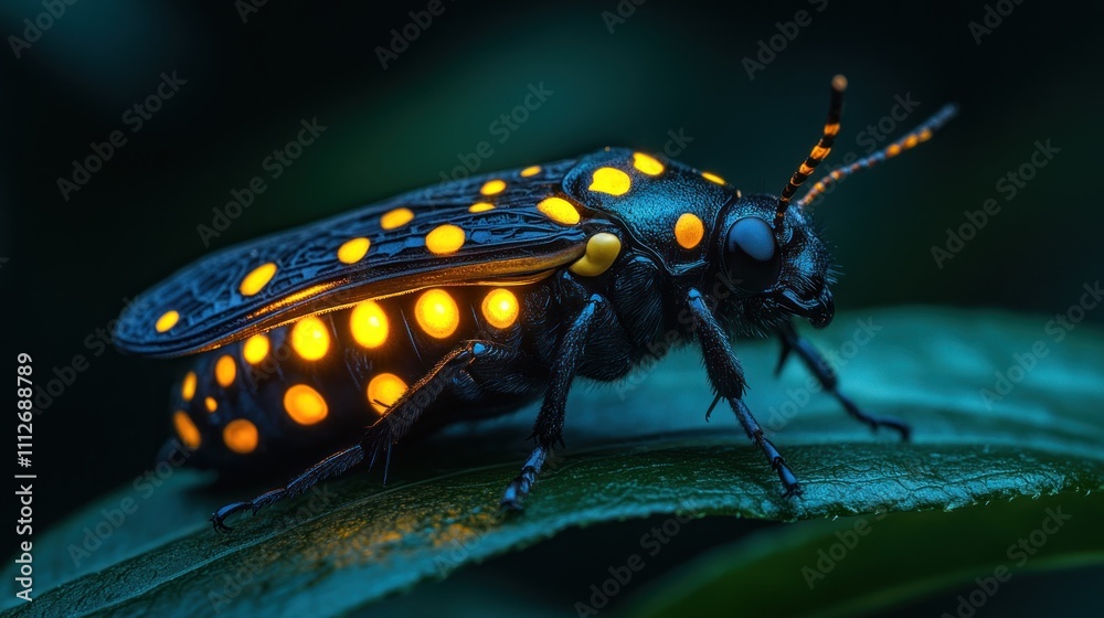 Fototapeta premium Glowing beetle at night on a leaf.