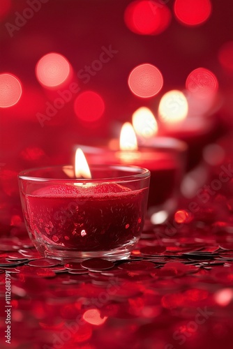 A serene arrangement of glowing red candles against a sparkling red background, perfect for relaxation. photo