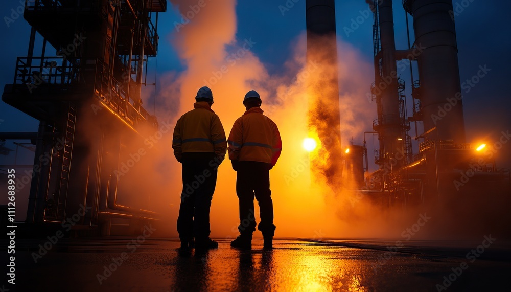 Fototapeta premium Two workers observe a fiery industrial backdrop, surrounded by steam and machinery, creating a dramatic atmosphere at dusk.