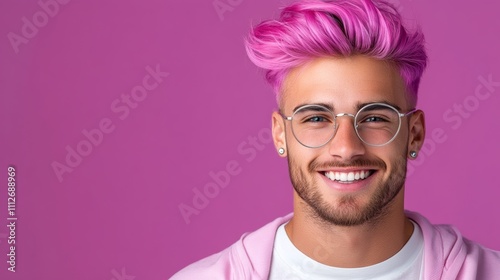 Man with pink hair and glasses is smiling. The image has a bright and cheerful mood. The man's smile and the pink hair give the impression of a happy and confident person