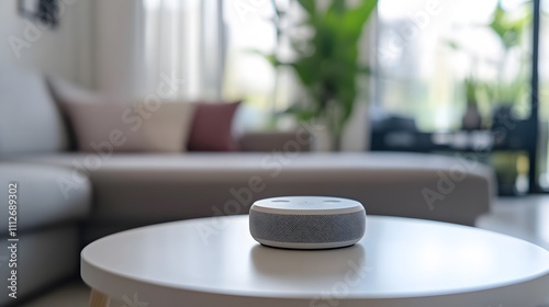 Modern smart speaker sits on a side table in a minimalist living room.  Enjoy seamless home automation!