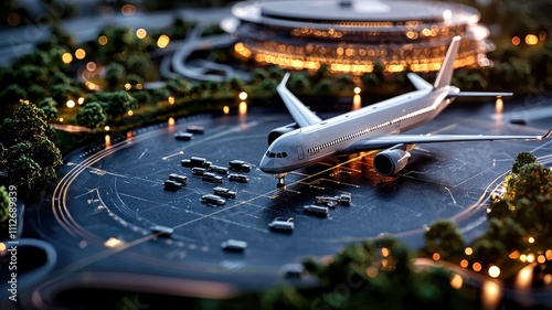 A detailed miniature of an airport scene featuring an airplane, surrounded by cars, greenery, and illuminated buildings in a realistic setting.