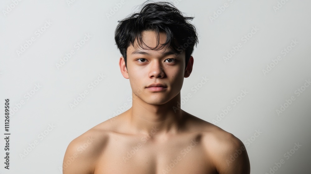 Asian young man with smooth, radiant skin confidently posing on a white background for beauty product promotions. Asian young man with smooth, radiant skin confidently posing on a white background for beauty product promotions.