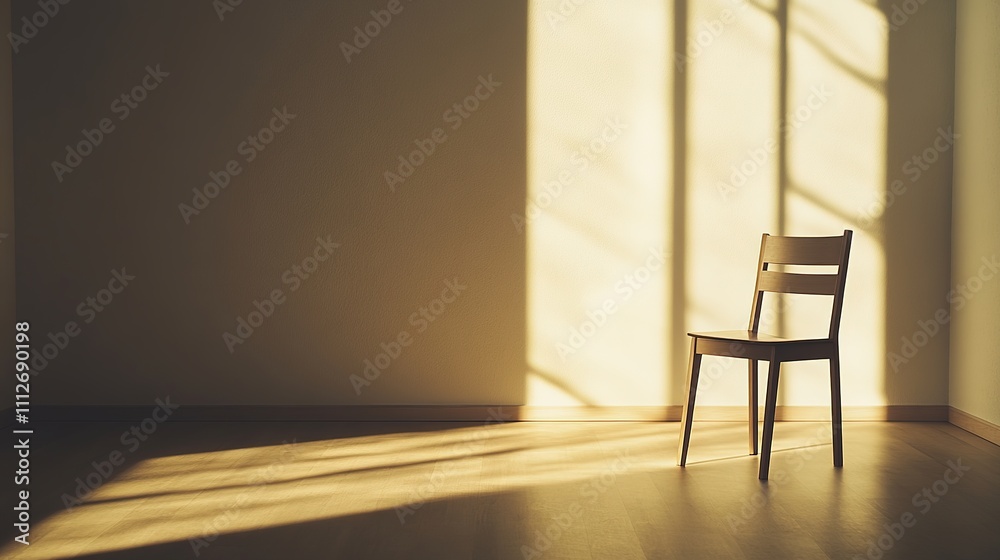 Lonely chair in sunlit room, shadows playing on walls. Lonely chair in sunlit room, shadows playing on walls.