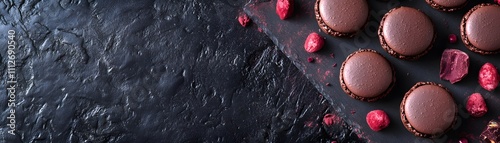 Delicious chocolate macarons arranged artistically on a dark stone background, complemented by fresh raspberries, offering a gourmet treat perfect for dessert lovers and sweet enth photo