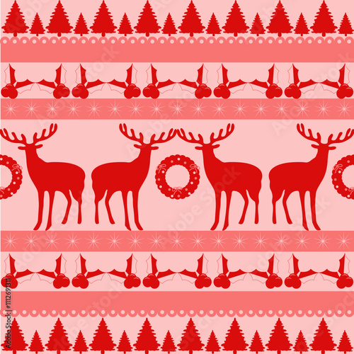 Festive Red Christmas Seamless Pattern with Reindeer and Trees