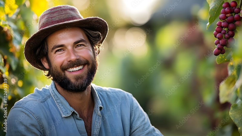 Smiling man with a beard in a vineyard, wearing a hat, enjoying nature.