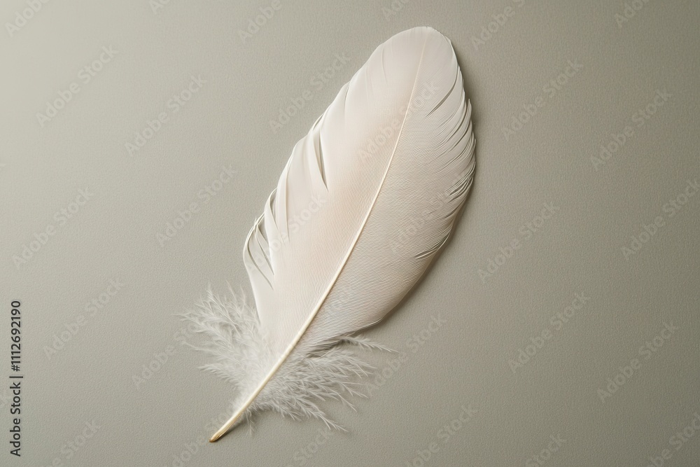 Single delicate white feather on gray background Single delicate white feather on gray background