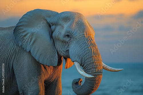 Majestic African Elephant at Golden Sunset photo