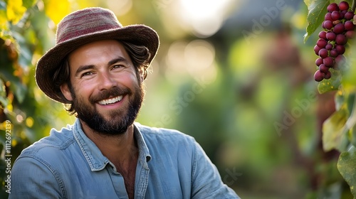 Obraz na płótnie Smiling man with a beard in a vineyard, wearing a hat, enjoying nature. w salonie
