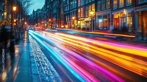 A vibrant city scene at dusk, with colorful light trails from moving vehicles illuminating the street and buildings.