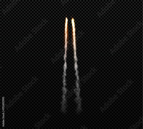 Rocket or jet aircraft vector smoke trail two straight stripes, realistic orange burst and fume flow, space launch trace