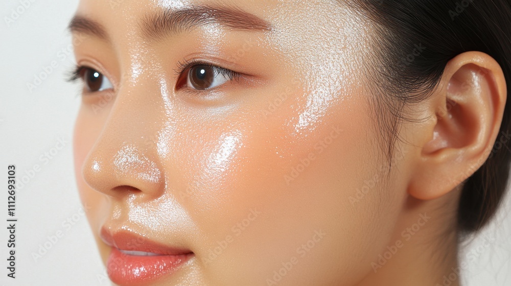 Fototapeta premium Close-up of glowing skin on an Asian woman cheek, soft and hydrated, white background.