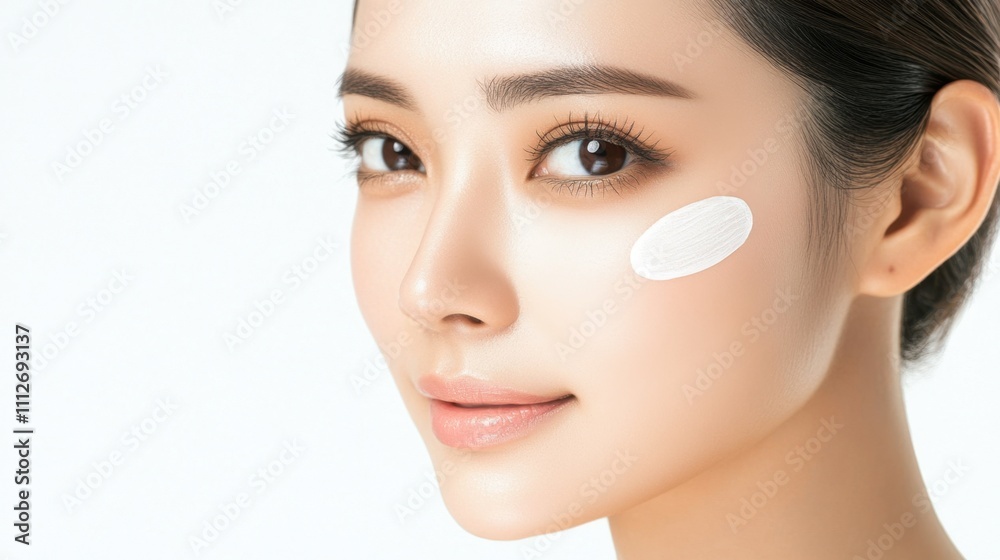 Close-up of glowing skin on an Asian woman smooth cheek, perfect beauty advertisement, white background.