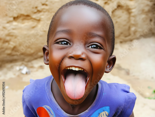 A young afroca, child joyfully sticks out their tongue and smiles brightly, showcasing their playful spirit in an outdoor setting. The background features rustic textures and colors. Generative AI