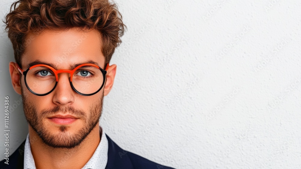 Man wearing glasses and a suit. He is smiling and looking at the camera. The glasses are red and black Man wearing glasses and a suit. He is smiling and looking at the camera. The glasses are red and black