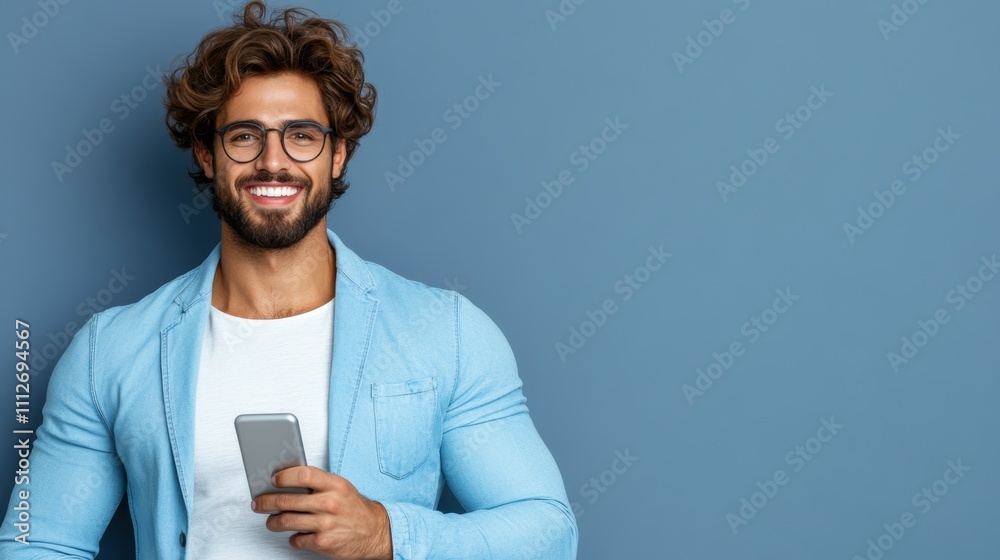 Man with glasses is smiling and holding a cell phone. Concept of modernity and technology, as the man is using a cell phone to communicate or capture a moment Man with glasses is smiling and holding a cell phone. Concept of modernity and technology, as the man is using a cell phone to communicate or capture a moment