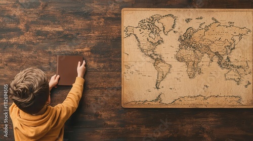 Child holding a passport and pointing at a world map, the joy of discovering new places photo