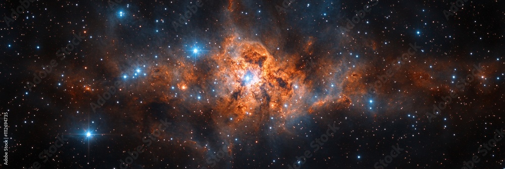 Obraz premium Vibrant newborn stars illuminate thick cosmic dust, revealing a stunning celestial scene of creation and beauty in the universe.