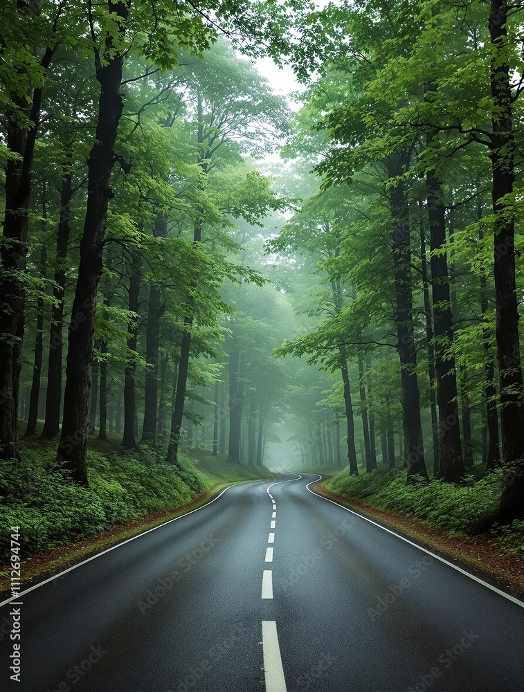 Obraz premium Green forest landscape with winding road and tall trees, green spaces, landscape