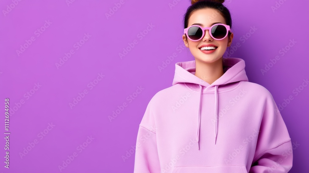 Woman wearing a pink hoodie and sunglasses is smiling. She is standing in front of a purple background Woman wearing a pink hoodie and sunglasses is smiling. She is standing in front of a purple background